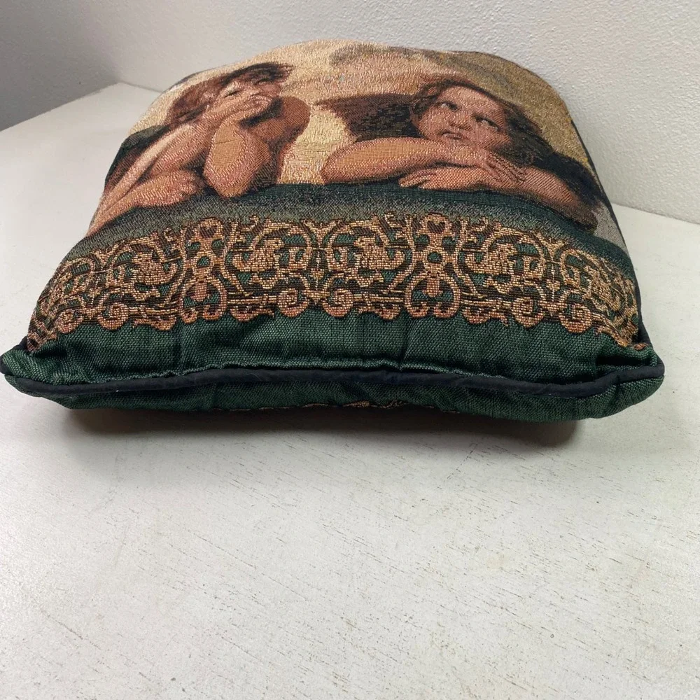 Vintage Raphael Cherubs Tapestry Throw Pillow Sistine Madonna Angels Green 15x15